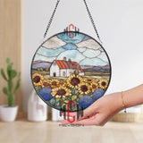Sunflower Farm Stained Glass Suncatcher, Round Country Window Panel, Rustic Barn Scene Decor, Floral Summer Landscape Hanging Art