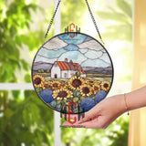Sunflower Farm Stained Glass Suncatcher, Round Country Window Panel, Rustic Barn Scene Decor, Floral Summer Landscape Hanging Art
