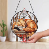 Fox and Books Stained Glass Suncatcher, Autumn Forest Animal Window Art, Cozy Fall Decor for Book Lovers, Woodland Cottagecore Gift