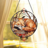 Fox and Books Stained Glass Suncatcher, Autumn Forest Animal Window Art, Cozy Fall Decor for Book Lovers, Woodland Cottagecore Gift