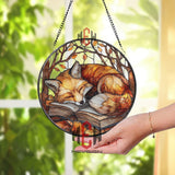 Fox and Books Stained Glass Suncatcher, Autumn Forest Animal Window Art, Cozy Fall Decor for Book Lovers, Woodland Cottagecore Gift