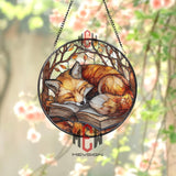 Fox and Books Stained Glass Suncatcher, Autumn Forest Animal Window Art, Cozy Fall Decor for Book Lovers, Woodland Cottagecore Gift