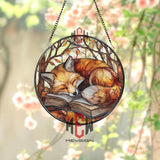 Fox and Books Stained Glass Suncatcher, Autumn Forest Animal Window Art, Cozy Fall Decor for Book Lovers, Woodland Cottagecore Gift