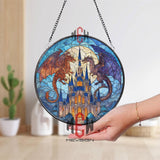 Dragon Castle Stained Glass Suncatcher, Fantasy Window Panel with Moon and Gothic Spires, Medieval Decor, Gift for Fantasy Lovers