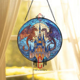 Dragon Castle Stained Glass Suncatcher, Fantasy Window Panel with Moon and Gothic Spires, Medieval Decor, Gift for Fantasy Lovers