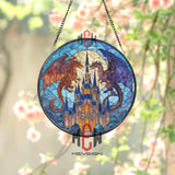 Dragon Castle Stained Glass Suncatcher, Fantasy Window Panel with Moon and Gothic Spires, Medieval Decor, Gift for Fantasy Lovers