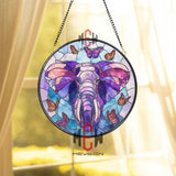 Elephant and Butterfly Stained Glass Suncatcher, Purple Jungle Animal Window Panel, Boho Wildlife Decor, Vibrant Nature Gift Idea