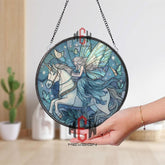 Fairy and Unicorn Stained Glass Suncatcher, Fantasy Butterfly Window Panel, Enchanted Blue Decor, Gift for Magical and Mythical Lovers
