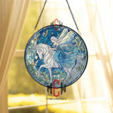 Fairy and Unicorn Stained Glass Suncatcher, Fantasy Butterfly Window Panel, Enchanted Blue Decor, Gift for Magical and Mythical Lovers