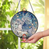 Fairy and Unicorn Stained Glass Suncatcher, Fantasy Butterfly Window Panel, Enchanted Blue Decor, Gift for Magical and Mythical Lovers