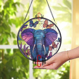 Elephant and Butterfly Stained Glass Suncatcher, Purple Jungle Animal Window Panel, Boho Wildlife Decor, Vibrant Nature Gift Idea