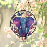 Elephant and Butterfly Stained Glass Suncatcher, Purple Jungle Animal Window Panel, Boho Wildlife Decor, Vibrant Nature Gift Idea