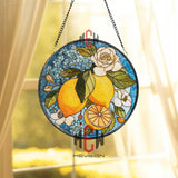 Lemon Floral Stained Glass Suncatcher, Citrus and White Rose Round Window Panel, Blue Hydrangea Kitchen Decor, Summer Fruit Gift