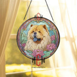 Chow Chow Stained Glass Suncatcher, Lotus Flower Dog Panel, Fluffy Dog Window Decor, Art Nouveau Pet Memorial, Asian Floral Glass Art