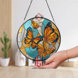 Stained Glass Butterfly Suncatcher, Round Window Hanging Art with Orange Blue Butterflies, Nature Inspired Home Decor