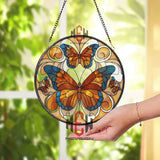 Stained Glass Butterfly Suncatcher, Round Window Hanging Art with Orange Blue Butterflies, Nature Inspired Home Decor