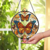 Stained Glass Butterfly Suncatcher, Round Window Hanging Art with Orange Blue Butterflies, Nature Inspired Home Decor