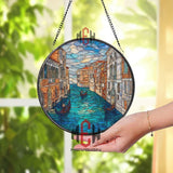 Venice Gondola Stained Glass Suncatcher, Italian Canal Window Art Panel, Blue Water Cityscape Round Hanging Decor for Travel & Europe Lovers