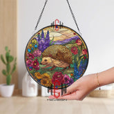 Hedgehog Stained Glass Suncatcher, Floral Round Window Hanging, Colorful Nature Art Panel, Garden Animal Decor Gift for Wildlife Lovers