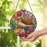 Hedgehog Stained Glass Suncatcher, Floral Round Window Hanging, Colorful Nature Art Panel, Garden Animal Decor Gift for Wildlife Lovers