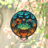 Witch Sisters Stained Glass Suncatcher, Halloween Cauldron Round Window Panel, Magical Trio Witchcraft Decor, Spooky Home Accent