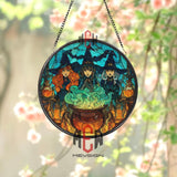 Witch Sisters Stained Glass Suncatcher, Halloween Cauldron Round Window Panel, Magical Trio Witchcraft Decor, Spooky Home Accent