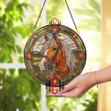 Horse Stained Glass Suncatcher, Rustic Farm Window Decor, Round Equine Panel with Green Frame, Country Horse Lover Gift