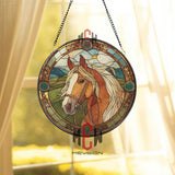 Horse Stained Glass Suncatcher, Rustic Farm Window Decor, Round Equine Panel with Green Frame, Country Horse Lover Gift