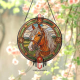 Horse Stained Glass Suncatcher, Rustic Farm Window Decor, Round Equine Panel with Green Frame, Country Horse Lover Gift