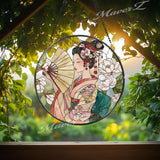 Geisha Suncatcher: Japanese Woman with Fan, Cherry Blossoms Art Panel