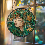 Green Goddess Suncatcher: Art Nouveau Fairy, Celtic Nature Spirit