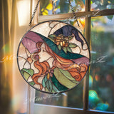 Art Nouveau Witch Suncatcher: Elegant Lady, Purple Hair Window Decor