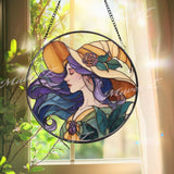 Art Nouveau Witch Suncatcher: Elegant Lady, Purple Hair Window Decor