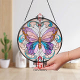Pastel Butterfly Stained Glass Suncatcher, Pink Purple Blue Wings, Round Window Hanging, Elegant Whimsical Decor Gift