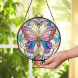 Pastel Butterfly Stained Glass Suncatcher, Pink Purple Blue Wings, Round Window Hanging, Elegant Whimsical Decor Gift