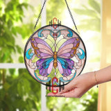 Pastel Butterfly Stained Glass Suncatcher, Pink Purple Blue Wings, Round Window Hanging, Elegant Whimsical Decor Gift