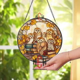 Owl Family Stained Glass Suncatcher, Round Autumn Book Window Panel, Cozy Fall Decor for Readers, Handmade Owl Art for Nature Lovers