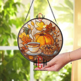 Autumn Tea and Pumpkin Stained Glass Suncatcher, Cozy Fall Window Decor with Pie and Leaves, Seasonal Kitchen or Living Room Panel