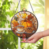 Autumn Tea and Pumpkin Stained Glass Suncatcher, Cozy Fall Window Decor with Pie and Leaves, Seasonal Kitchen or Living Room Panel