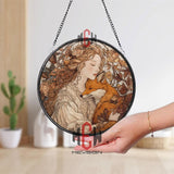Fox and Maiden Stained Glass Suncatcher, Round Window Art Panel, Autumn Floral Hug Scene, Romantic Animal Nature Decor