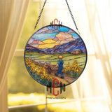 Boy and Sheep Stained Glass Suncatcher, Round Farm Landscape Window Panel, Sunset Pasture Art for Country Home Decor
