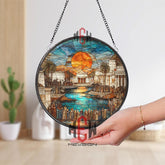 Ancient City Stained Glass Suncatcher, Round Historical Window Art Panel, Sunset Temple Scene with Crowd and Water Reflection