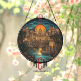 Ancient City Stained Glass Suncatcher, Round Historical Window Art Panel, Sunset Temple Scene with Crowd and Water Reflection