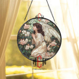 Praying Angel Stained Glass Suncatcher, Round Window Panel with Floral Garden, Spiritual Angel Art for Memorial or Faith Decor