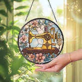 Vintage Sewing Machine Stained Glass Suncatcher: Floral Quilting Decor