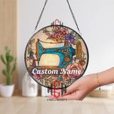 Blue Vintage Sewing Machine Stained Glass Suncatcher, Round Floral Craft Window Panel, Seamstress Gift or Studio Decor