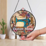 Blue Vintage Sewing Machine Stained Glass Suncatcher, Round Floral Craft Window Panel, Seamstress Gift or Studio Decor
