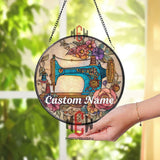 Blue Vintage Sewing Machine Stained Glass Suncatcher, Round Floral Craft Window Panel, Seamstress Gift or Studio Decor