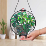 Monstera Plant Stained Glass, Round Green Leaf Window Panel, Tropical Jungle Botanical Decor, Houseplant Art Gift for Nature Lovers