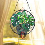 Monstera Plant Stained Glass, Round Green Leaf Window Panel, Tropical Jungle Botanical Decor, Houseplant Art Gift for Nature Lovers